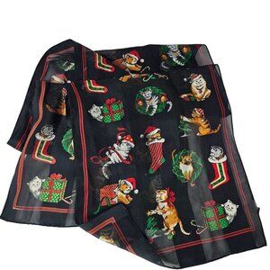 Vintage Christmas Cats Scarf Black Sheer Fabric Holiday Kittens Grannycore